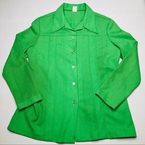 VTG 70s Womens Neon Green Button Down Long Sleeve Dagger Collar Shirt Small